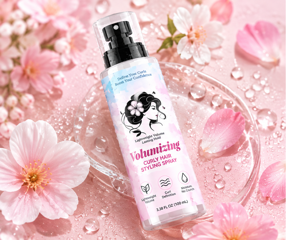 Volumizing Curly Hair Styling Spray with pink flowers and water drops